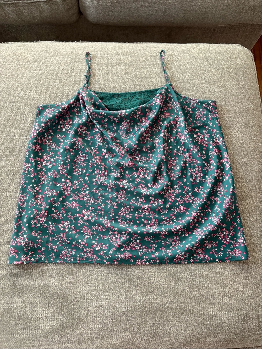 Lane Bryant Green Floral Cowl Neck Satin Cami Top
